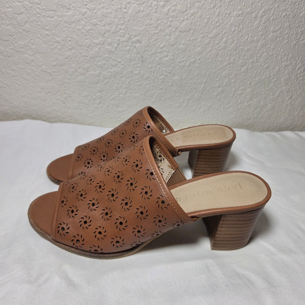 Jack Rogers Womens Brown Leather Laser Cut Perforated Block Heel Mules Size 7M